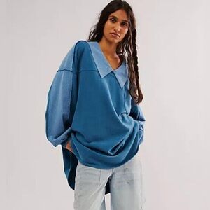 Free People Madeleine Sweatshirt in Moroccan Blue Combo ~ Size Small ~ NWOT